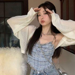 Patterned Camisole Top + Waffle Cropped Cardigan