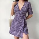 Floral Print Short-sleeve Mini A-line Wrap Dress