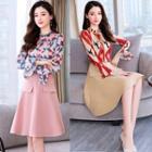 Set: Geometric Print Blouse + Pocket-detail A-line Skirt