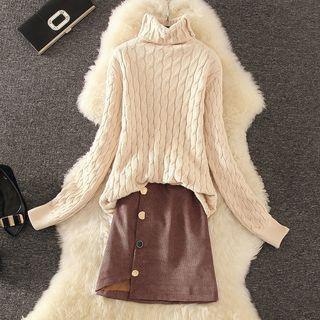Set: Turtleneck Cable Knit Sweater + Corduroy Mini Skirt