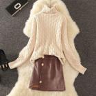 Set: Turtleneck Cable Knit Sweater + Corduroy Mini Skirt