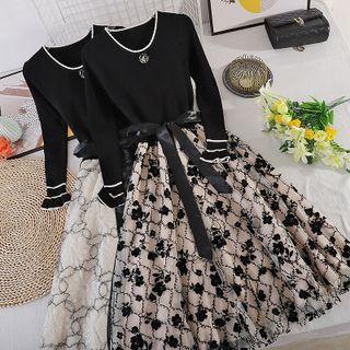 Round-neck Color Block Long-sleeve Knit Top Panel Embroidered Mesh Dress