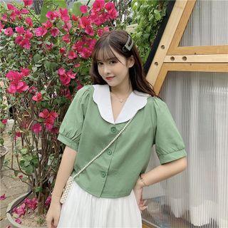 Ruffle Collar Puff-sleeve Cropped Shirt