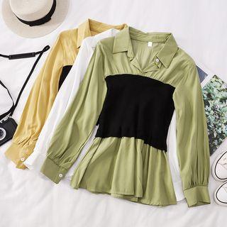 Mock Two-piece Plain Long Sleeve Blouse