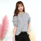 Tie-neck Frill-sleeve Check Top