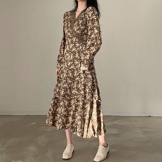 Long-sleeve Floral Layered Midi Wrap Dress Floral - Brown - One Size