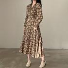 Long-sleeve Floral Layered Midi Wrap Dress Floral - Brown - One Size
