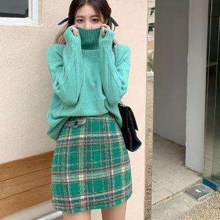 Turtleneck Cable Knit Sweater / Plaid Mini Pencil Skirt