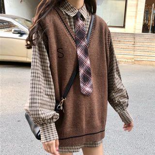 Lettering Embroidered V-neck Knit Vest / Plaid Shirt