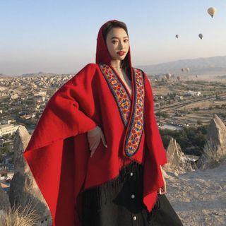 Flower Embroidered Hooded Cape Red - One Size