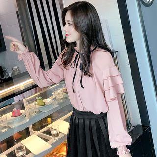 Long Sleeve Ruffled Lace-up Blouse
