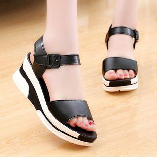 Buckled Faux-leather Wedge Sandals