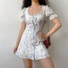 Floral Ruffle Trim Short-sleeve Button Mini A-line Dress