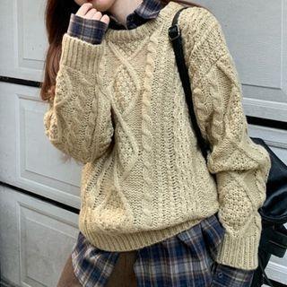 Long-sleeve Plaid Shirt / Cable Knit Sweater / Straight Leg Pants