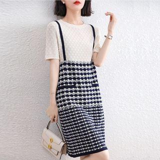 Short Sleeve Pattern Mock Two Piece Sheath Dress