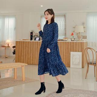 Frilled Floral Crepe Midi Dress