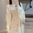 Long-sleeve Mock-neck Top / Spaghetti Strap Floral Print Midi A-line Dress / Long Open-front Cardigan