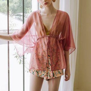 Drawstring-waist Mesh Jacket Pink - One Size