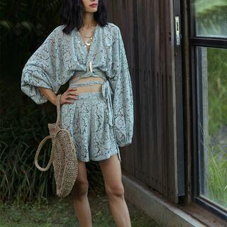 Set: Long Sleeve Lace Eyelet V-neck Top + Lace Eyelet Shorts