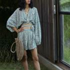 Set: Long Sleeve Lace Eyelet V-neck Top + Lace Eyelet Shorts