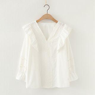 Long-sleeve Frill Trim Top White - One Size