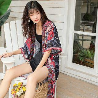 3/4-sleeve Printed Long Jacket As Shown In Figure - One Size