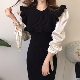 Long-sleeve Paneled Midi Sheath Knit Dress Black - One Size