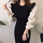 Long-sleeve Paneled Midi Sheath Knit Dress Black - One Size