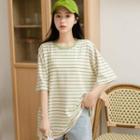 Short-sleeve Striped T-shirt Stripes - Almond & Green - One Size