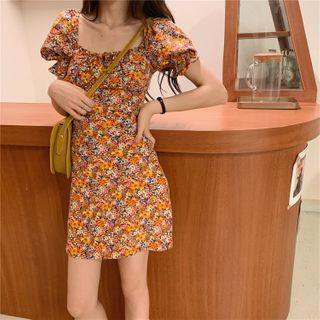 Short-sleeve Floral Dress Tangerine - One Size