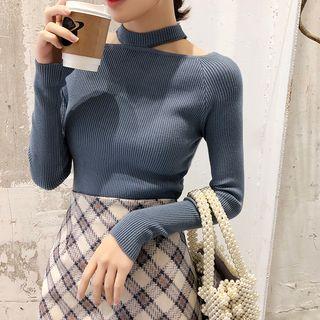 Mock Neck Cutout Rib-knit Long-sleeve Top