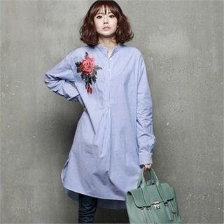 Mandarin-collar Rose-embroidered Stripe Shirtdress