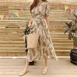 Floral Print Wrap Dress Beige - One Size