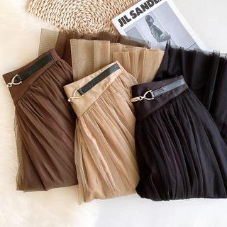Horsebit-accent Midi A-line Mesh Skirt