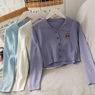 Collared Cherry-embroidered Light Knit Cardigan