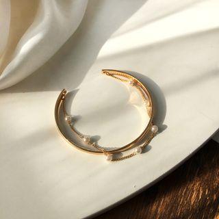 Faux Pearl Alloy Open Bangle 1 Pc - Gold - One Size