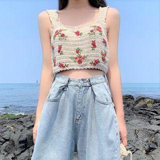 Embroidered Knit Tank Top / Wide-leg Jeans