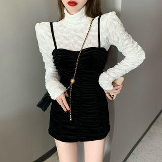 Long-sleeve Mock-neck Top / Mini Sheath Overall Dress