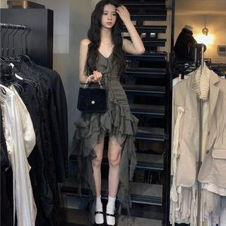 Spaghetti-strap Ruffle Trim Layered A-line Dress