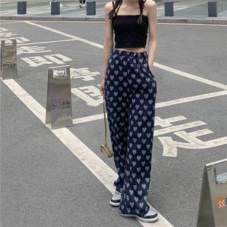 High Waist Heart Print Sweatpants Heart - Blue - One Size