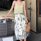 Plain Camisole / Floral Print Midi Skirt