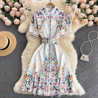 Shirt Collar Flower Print Short-sleeve Dress