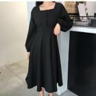 Square-neck Balloon-sleeve A-line Midi Dress