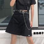 Asymmetric Hem Flap Mini Pencil Skirt / Grommet Belt With Waist Chain