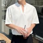 Elbow-sleeve Open-placket T-shirt