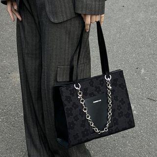 Floral Print Chained Tote Bag Black - One Size