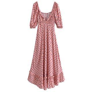 Puff-sleeve V-neck Dotted Maxi A-line Dress
