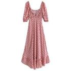 Puff-sleeve V-neck Dotted Maxi A-line Dress