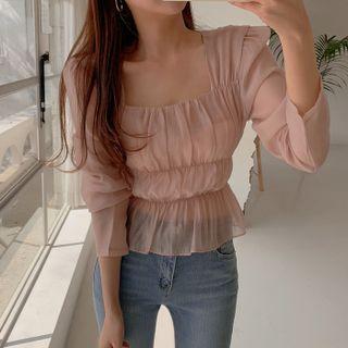 Plain Square Neck Chiffon Long Sleeve Top