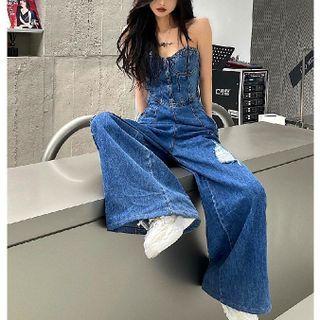 Sleeveless Distressed High-waist Denim Jumpsuit